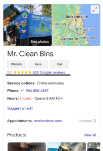 A screenshot of the Google business listing for Mr. Clean Bins, featuring a 5-star rating, contact information, and a preview image of employees by a trash bin cleaning truck.